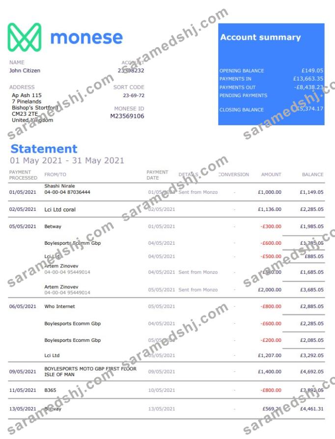 United Kingdom Monese bank statement template in Excel and PDF format